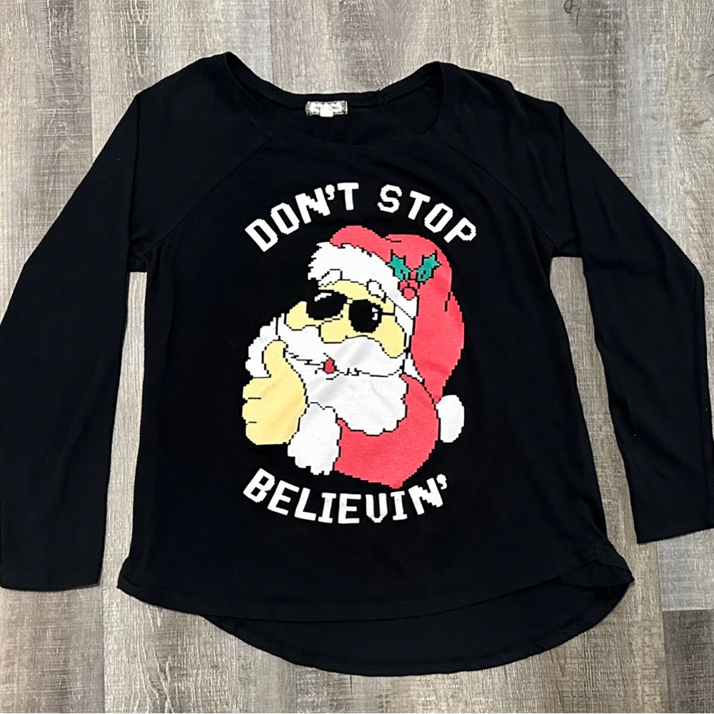 Women’s Size Small Black “Don’t Stop Believin” Santa 3/4-Sleeve Tee Shirt
